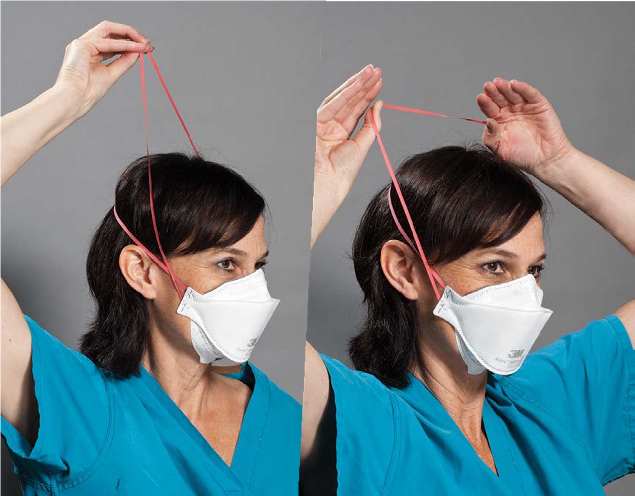 Step one of Doffing a 3M Aura Health Care Particulate Respirator and Surgical Mask 